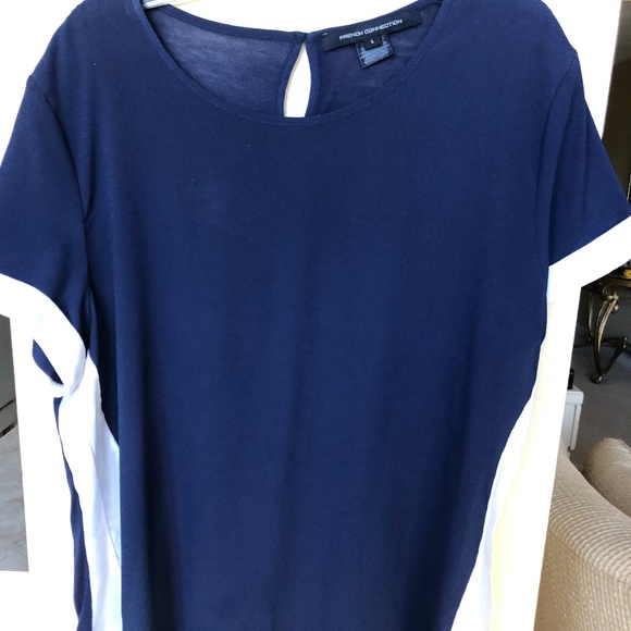 French Connection Navy & White Cuffed‎ Woven Top SZ L - Picture 3 of 4
